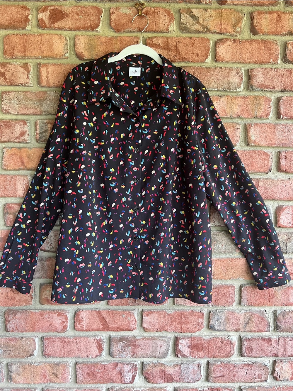 Size L- CAbi Black Button-Down Shirt with Multicolor Confetti Print